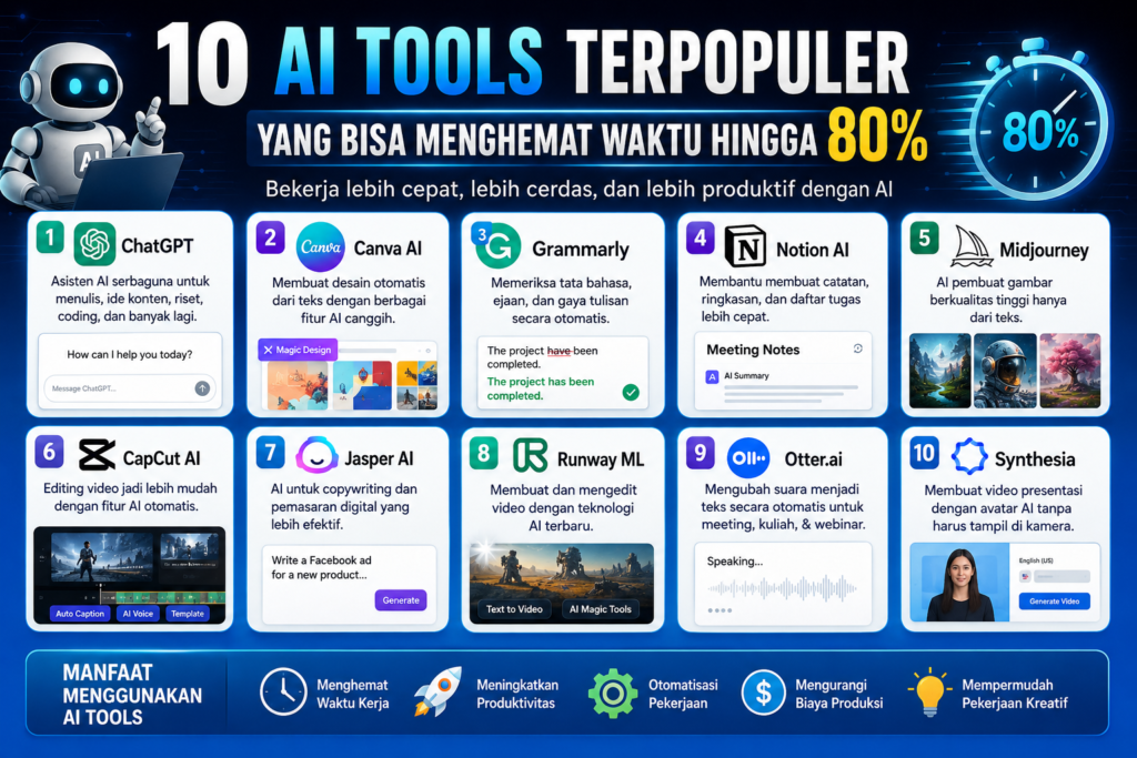 Infografis 10 AI tools terpopuler 2026 yang dapat menghemat waktu kerja hingga 80% untuk produktivitas, desain, konten, dan editing video.