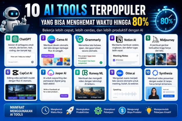 Infografis 10 AI tools terpopuler 2026 yang dapat menghemat waktu kerja hingga 80% untuk produktivitas, desain, konten, dan editing video.