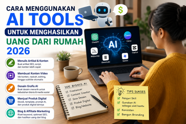 Ilustrasi wanita bekerja dari rumah menggunakan AI tools untuk menghasilkan uang online di tahun 2026.