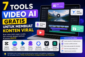 7 Tools Video AI Gratis untuk Membuat Konten Viral Ilustrasi 7 tools video AI gratis untuk membuat konten viral dengan fitur edit video otomatis, subtitle AI, text to video, dan template viral.