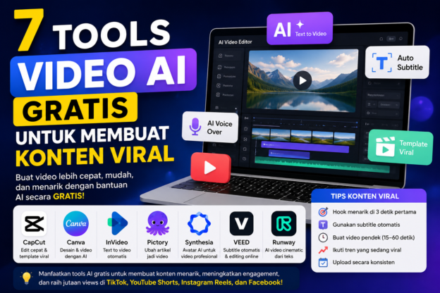 Ilustrasi 7 tools video AI gratis untuk membuat konten viral dengan fitur edit video otomatis, subtitle AI, text to video, dan template viral.