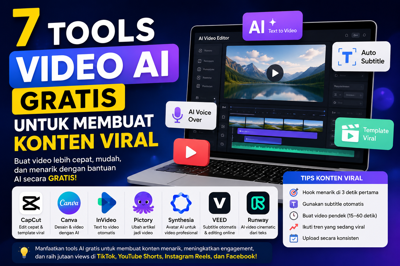 Ilustrasi 7 tools video AI gratis untuk membuat konten viral dengan fitur edit video otomatis, subtitle AI, text to video, dan template viral.