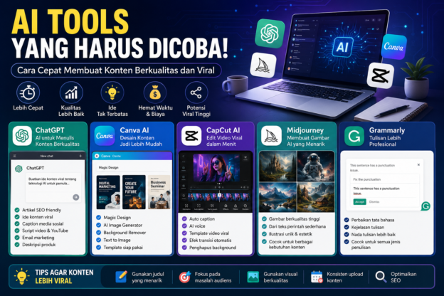 Infografis AI tools terbaik untuk membuat konten berkualitas dan viral seperti ChatGPT, Canva AI, CapCut AI, Midjourney, dan Grammarly.