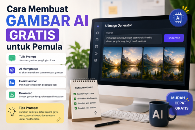 Infografis cara membuat gambar AI gratis untuk pemula dengan langkah menulis prompt, proses AI, memilih hasil gambar, dan download.