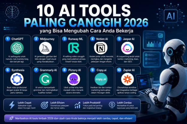 Ilustrasi 10 AI tools paling canggih 2026 untuk meningkatkan produktivitas kerja dengan teknologi futuristik