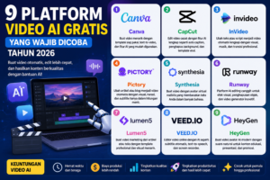 9 Platform Video AI Gratis Terbaik Tahun 2026 Ilustrasi 9 platform video AI gratis terbaik tahun 2026 untuk membuat dan mengedit video otomatis menggunakan kecerdasan buatan.